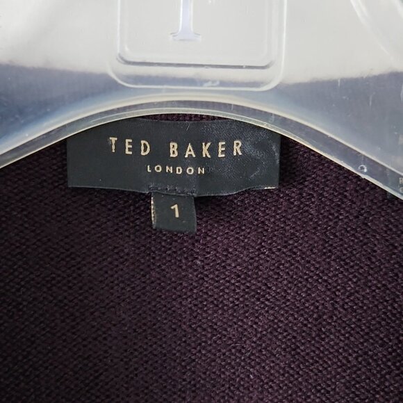 TED BAKER | Leather trim jacket blazer cardigan 100% wool black purple sz XS - Picture 6 of 9